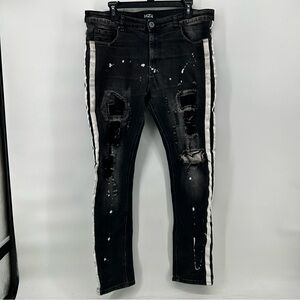 HZW Jeans Mens 36 Black Distressed Skinny Fit Patchwork Ripped Streetwear